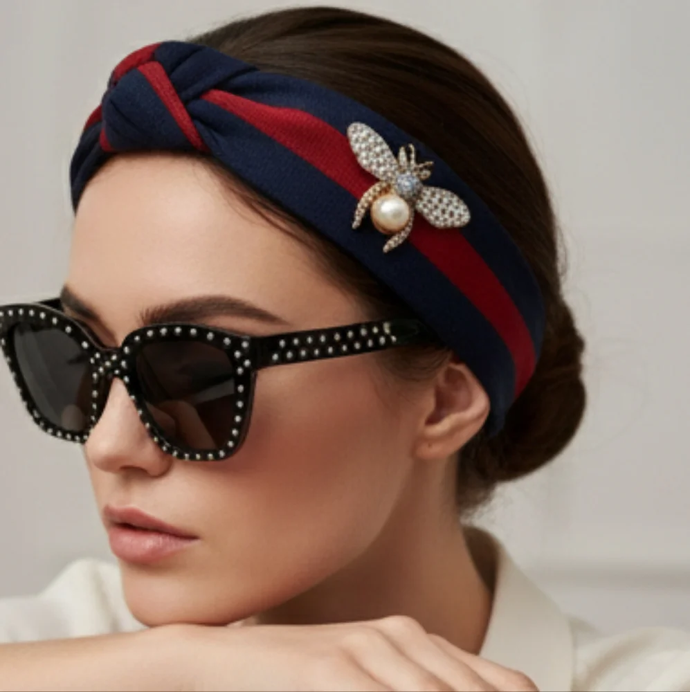 Navy and Red Headband with Pearl Bumblebee Embellishment